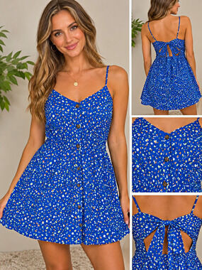 Sienna Sky Women’s Medium Blue Printed Button Front Tie Back Cami Dress